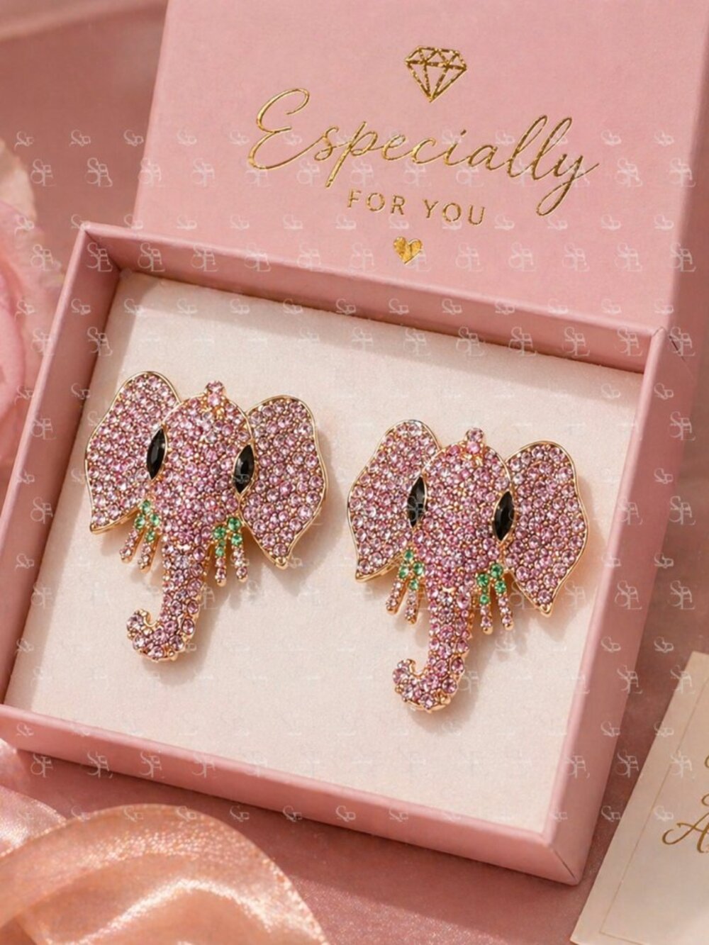 Pink Green Elephant Rhinestone Statement Earrings